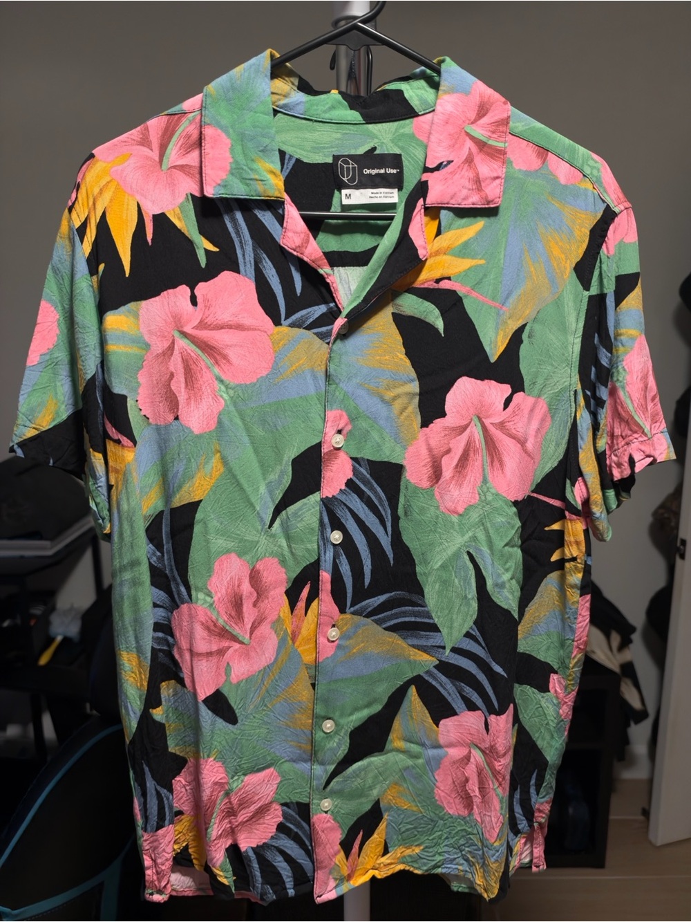 Original Use Men's Black Floral Camp Shirt - Pink, Green & Yellow